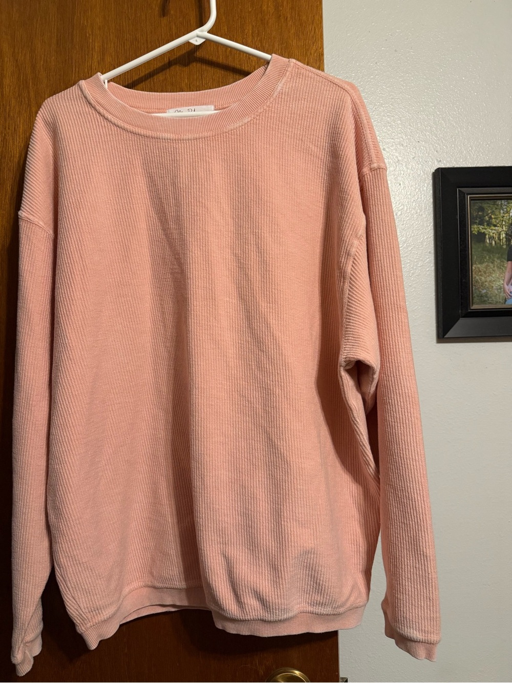 Relaxed Ribbed Crewneck Sweatshirt in Blush Pink peach color